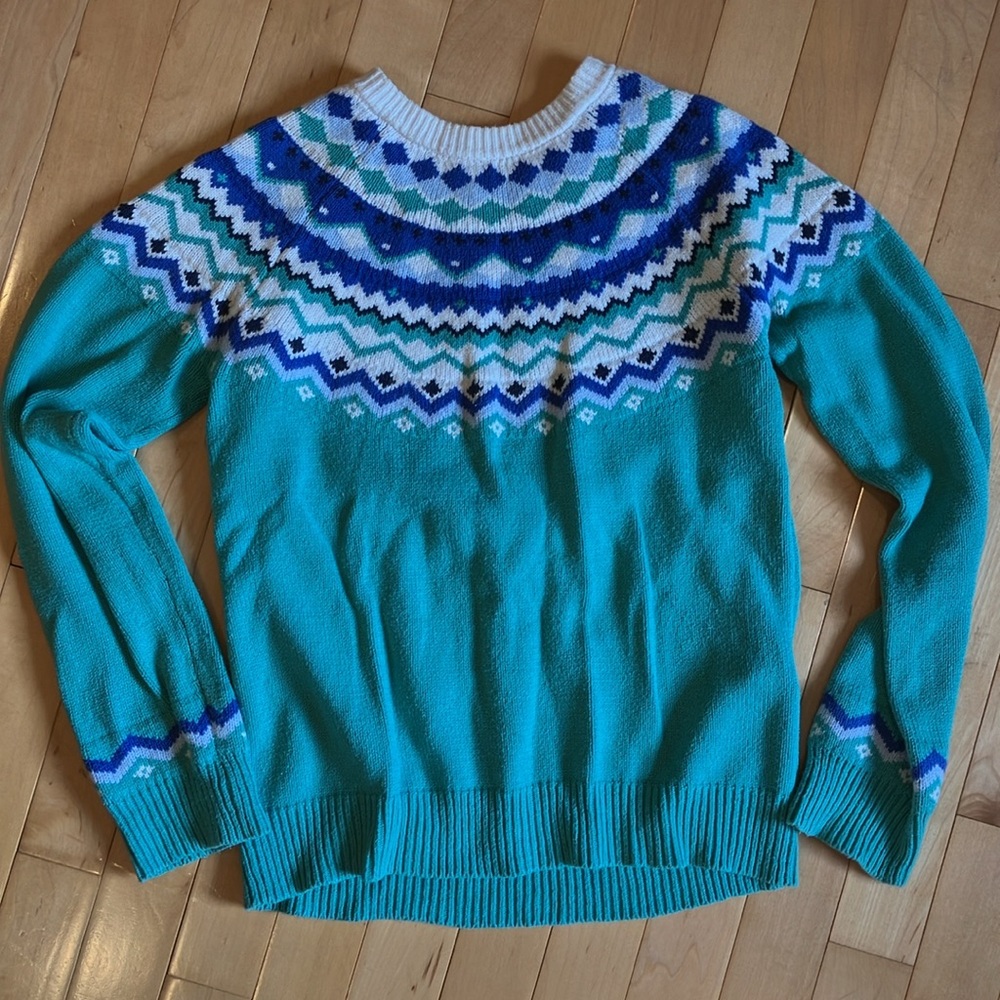 Land’s End Cotton Turquoise and Blue Decorative Yoke Sweater
